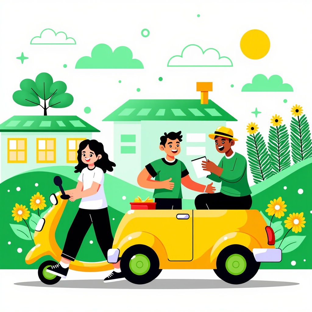 Connected Green Communities Illustration: Illustrate diverse people using various eco-robotaxi models for daily sustainable activities (e.g., reaching green offices, community farms), highlighting accessible, renewably-powered shared mobility.