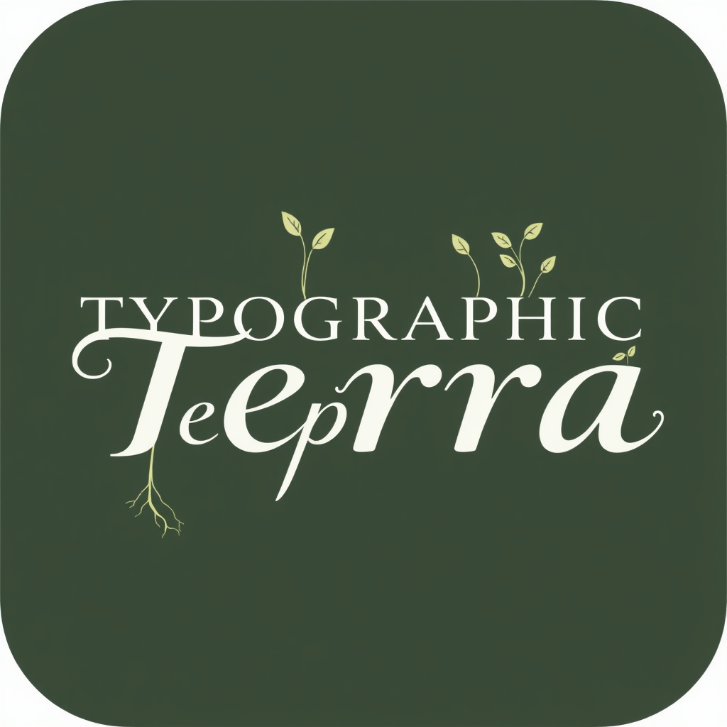 Growing Script World: The words 'TYPOGRAPHIC TERRA' are depicted in an elegant, flowing script. Letters organically sprout leaves, fine roots, or delicate floral patterns, symbolizing language as a living part of the Earth, suggesting 'Word As World' through natural growth.