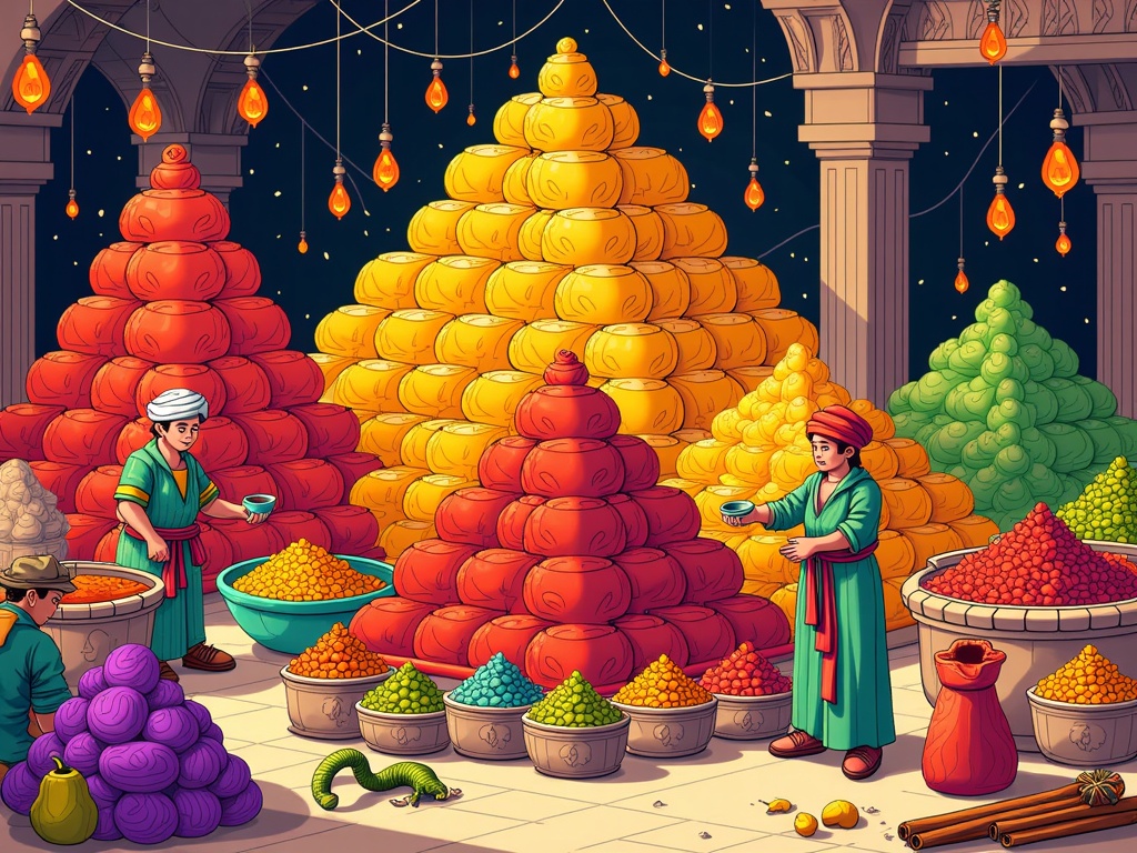 Spice Market's Secret: Focus on the sensory overload of a spice market section within the souk. Illustrate towering, colourful pyramids of spices—saffron, turmeric, cinnamon—with merchants actively scooping and weighing them. Hidden among the spice sacks and exotic fruits, a subtle magical element is visible, like a faintly glowing rare spice or a small, coiled serpent familiar anointing a particular blend.