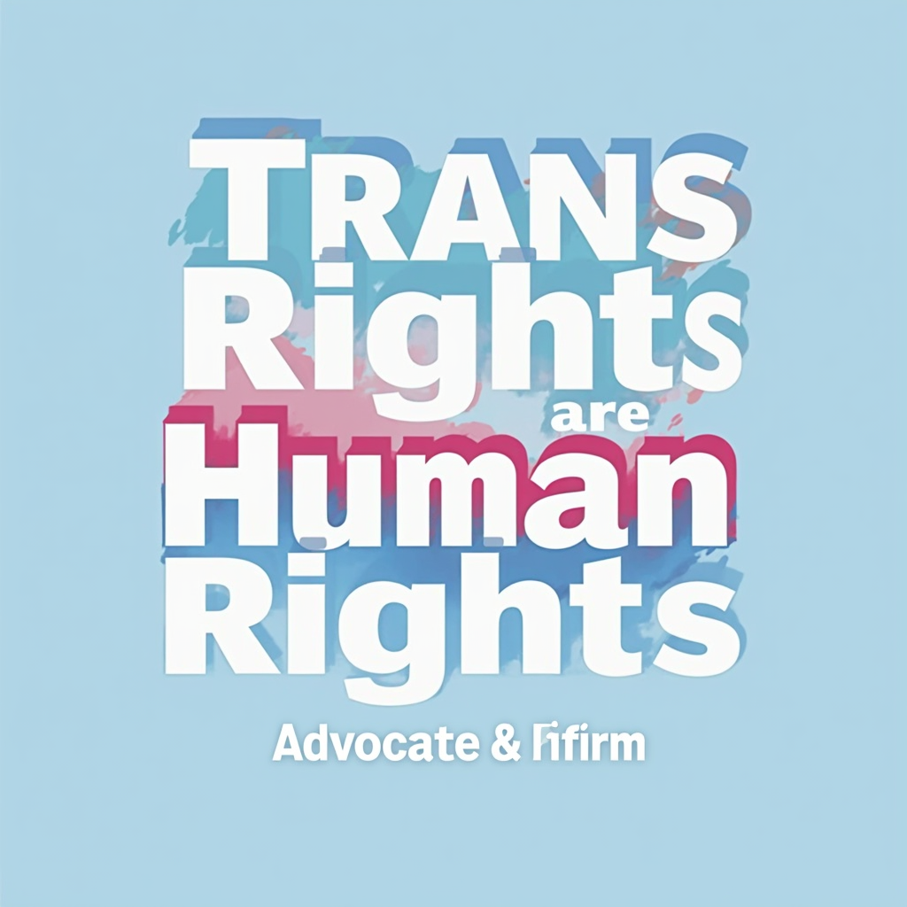 Simple Logo Idea: A text-based logo with 'Trans Rights are Human Rights' in a clear, accessible typeface. The transgender pride flag colors (light blue, pink, white) could be used as an underline, a color block element, or within the letters themselves. 'Advocate & Affirm' can be a tagline below.