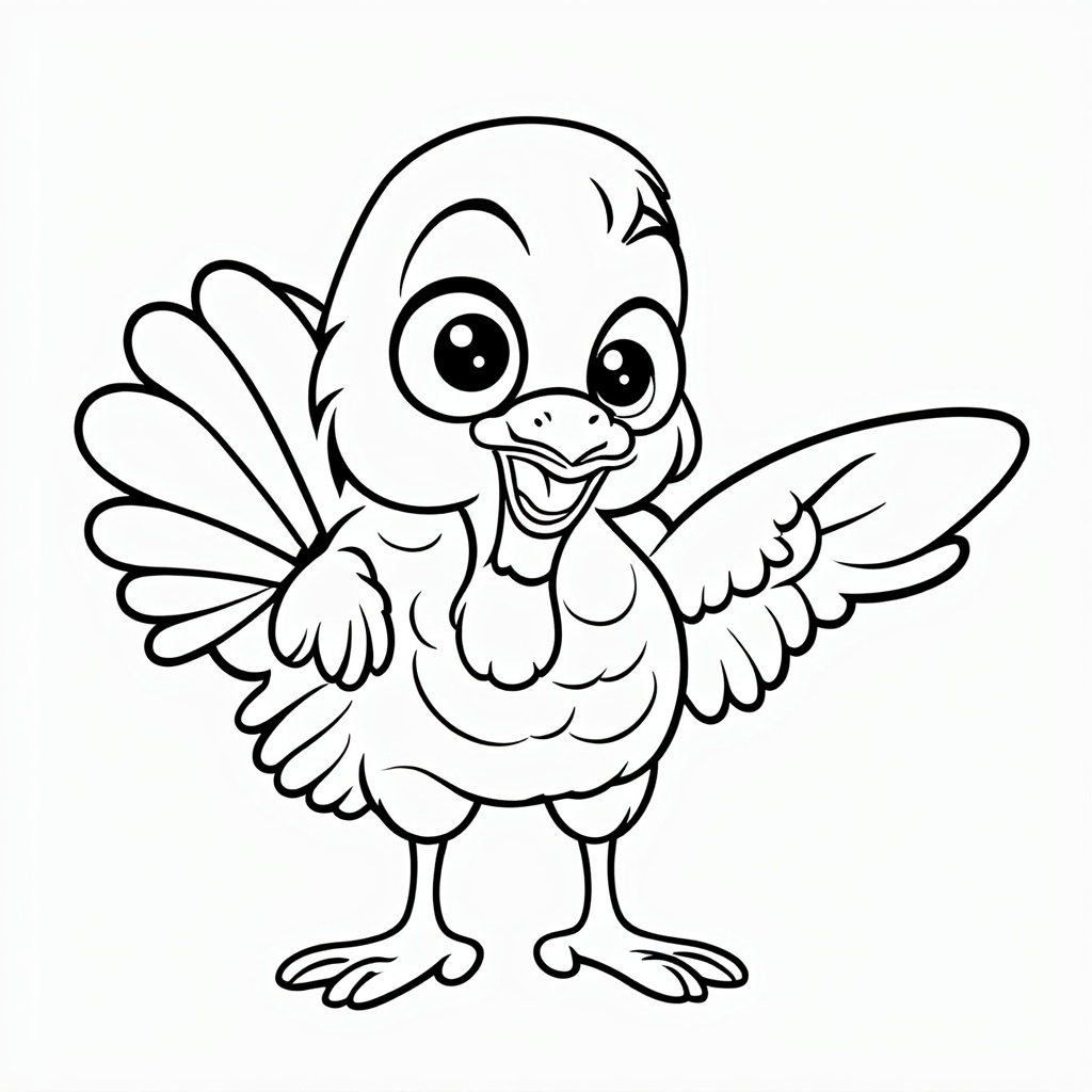 Cartoon-style turkey illustration with oversized eyes and a friendly expression, set against a plain background.