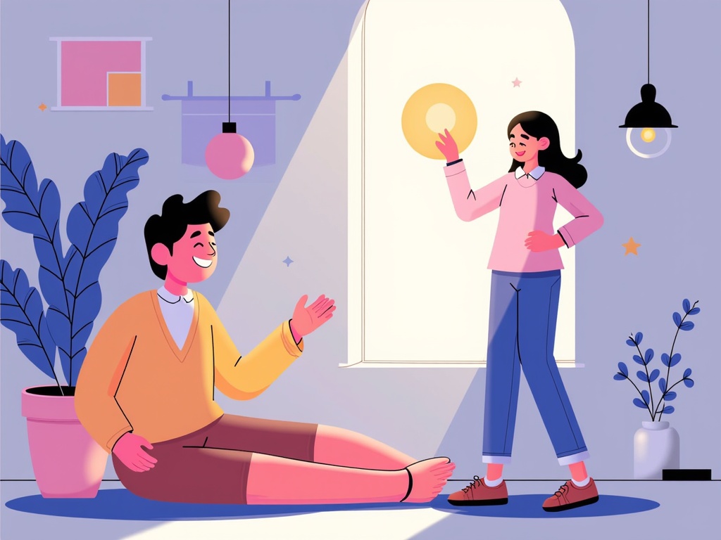 A serene illustration where an AI, visualized as a calming, abstract light form or a friendly bot, gently interacts with a person showing signs of relief and comfort. The background could be a minimalist, futuristic room focusing on light and nature elements integrated with technology.