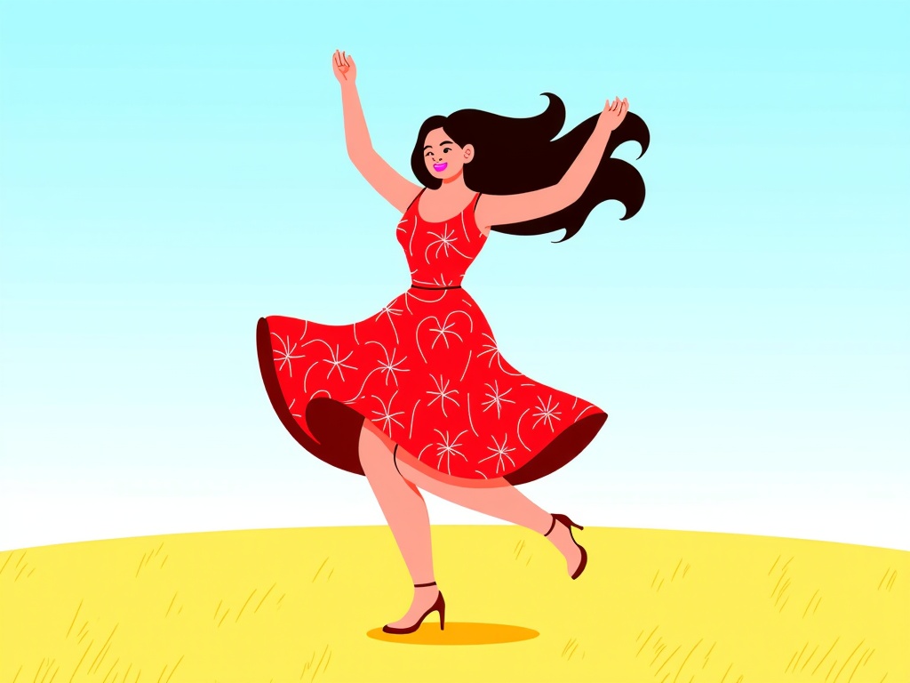  a young woman dancing in a field. She is wearing a red dress with white flowers on it and black high heels. Her long dark hair is flowing in the wind and she has a big smile on her face. Her arms are raised above her head and her legs are bent at the knees. The background is a light blue sky and the field is covered in yellow grass. The overall mood of the image is joyful and carefree.