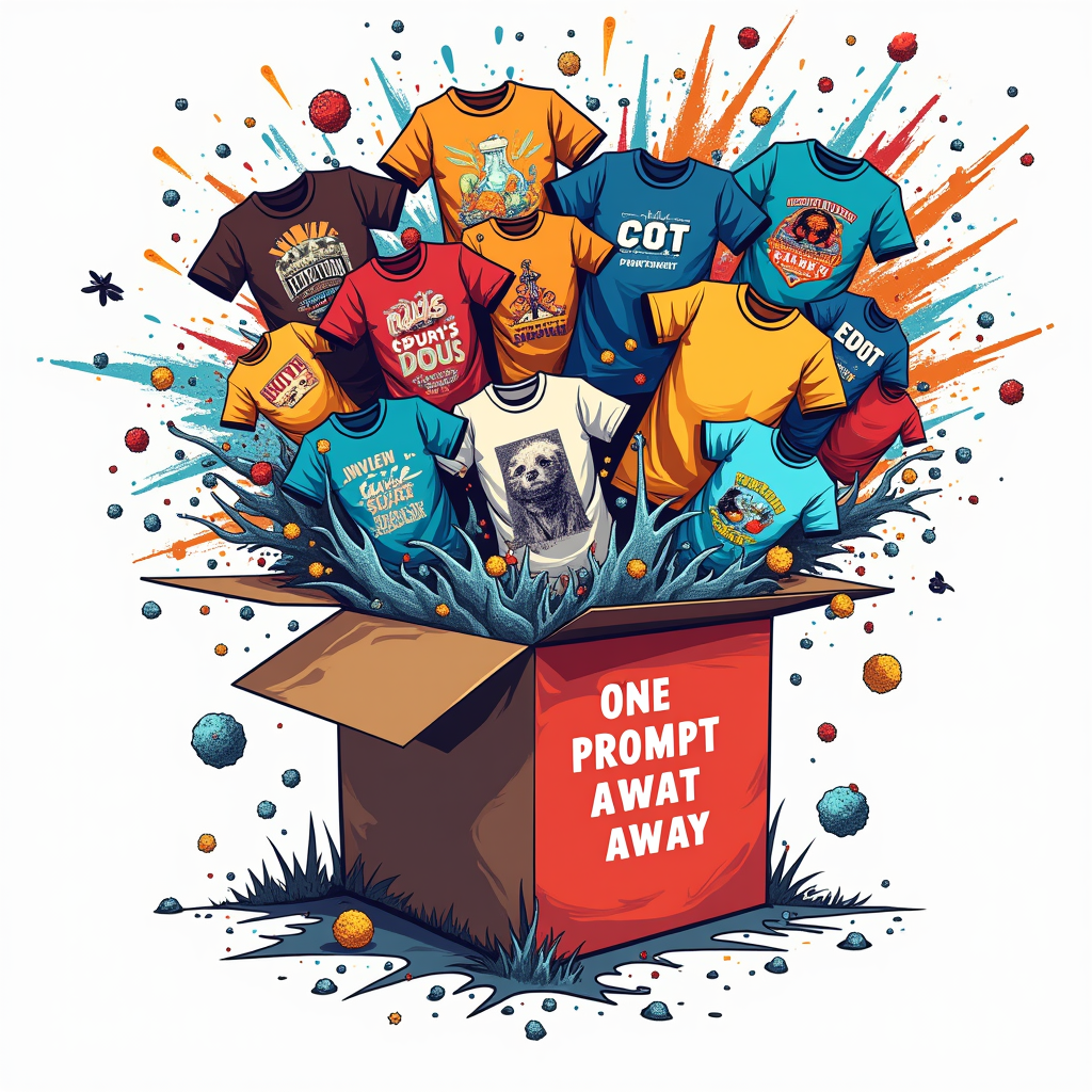 T-shirt design showing a text prompt box visually transforming or 'exploding' into a kaleidoscope of diverse T-shirt graphics, embodying 'One Prompt Away' and 'Infinite Styles'.