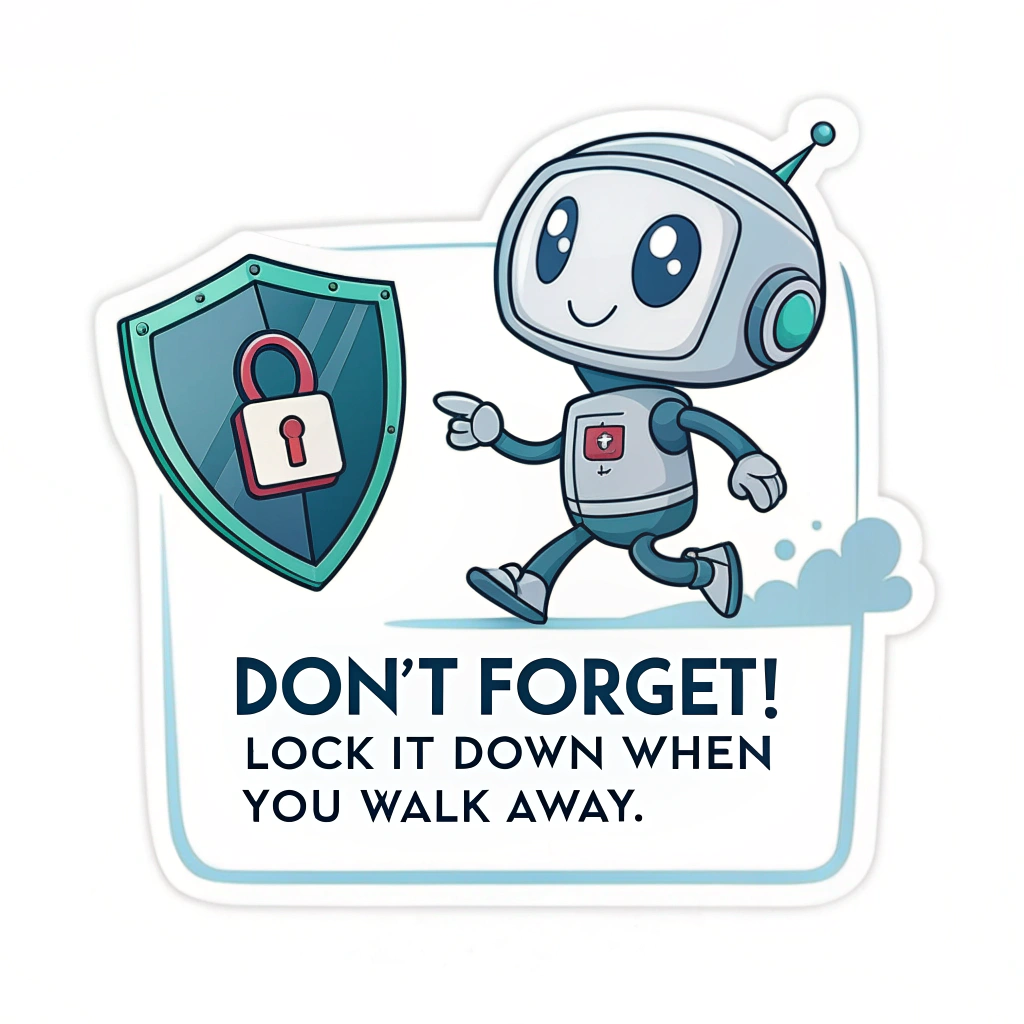 Sub-Design Idea 3: A character-based sticker with a friendly but vigilant security mascot (e.g., a shield with eyes, a watchful robot) pointing to a screen with a lock icon, accompanied by the text 'Don't forget! Lock It Down when you walk away.'