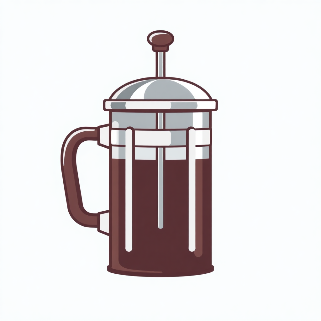 The image is an illustration of a french press coffee maker. It is a cylindrical glass jar with a handle on one side and a spout on the other. The jar is filled with a dark brown liquid, which appears to be freshly brewed coffee. The lid of the jar is silver and has a small knob on top. The handle is curved and has two handles on either side. The spout is also silver and is attached to the jar. The background is white.