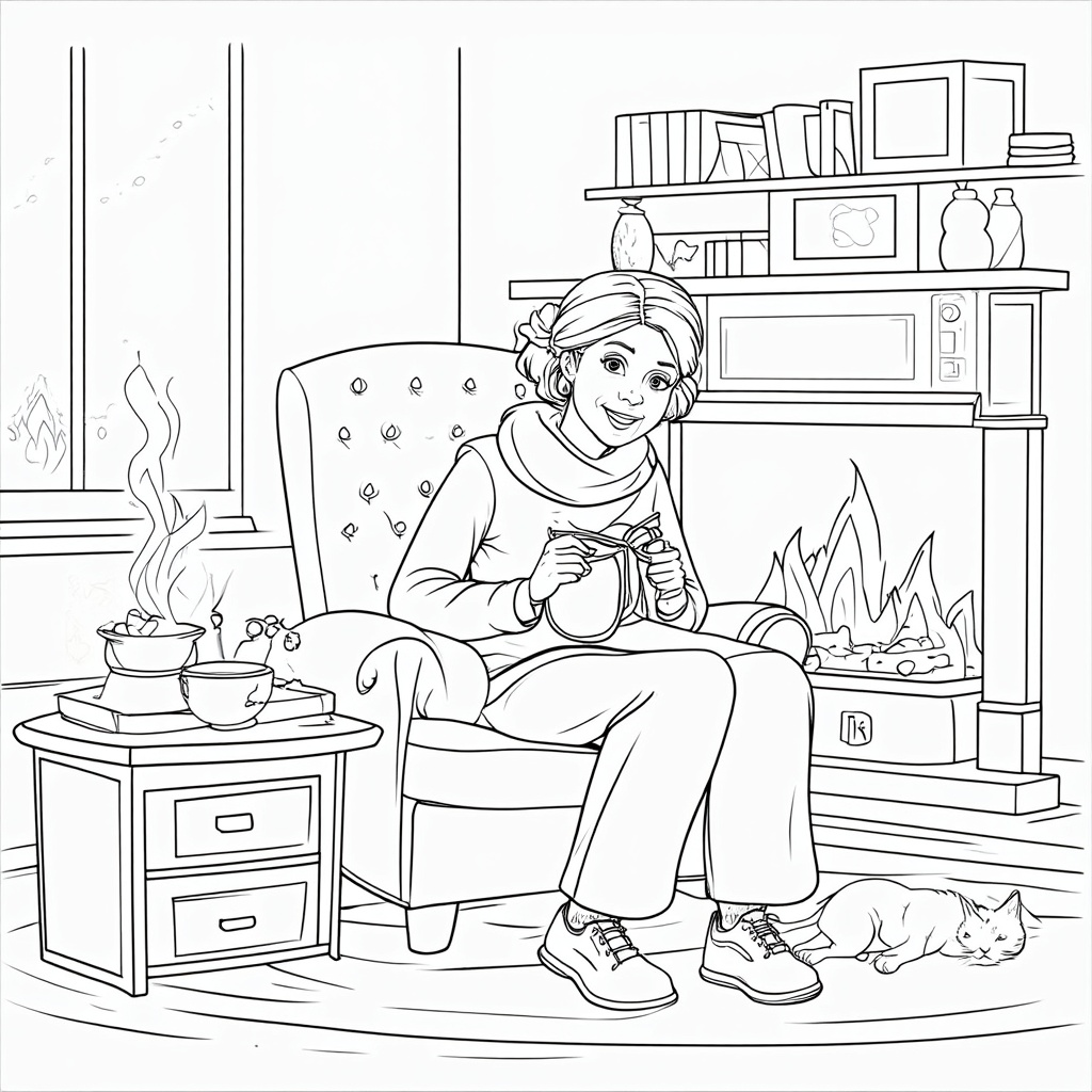 A cozy illustration of Mom engrossed in a hobby like reading a book in a comfy armchair, knitting a scarf, or solving a puzzle. Add details like a steaming cup of tea/coffee, a sleeping pet nearby, and a warm fireplace or bookshelf.