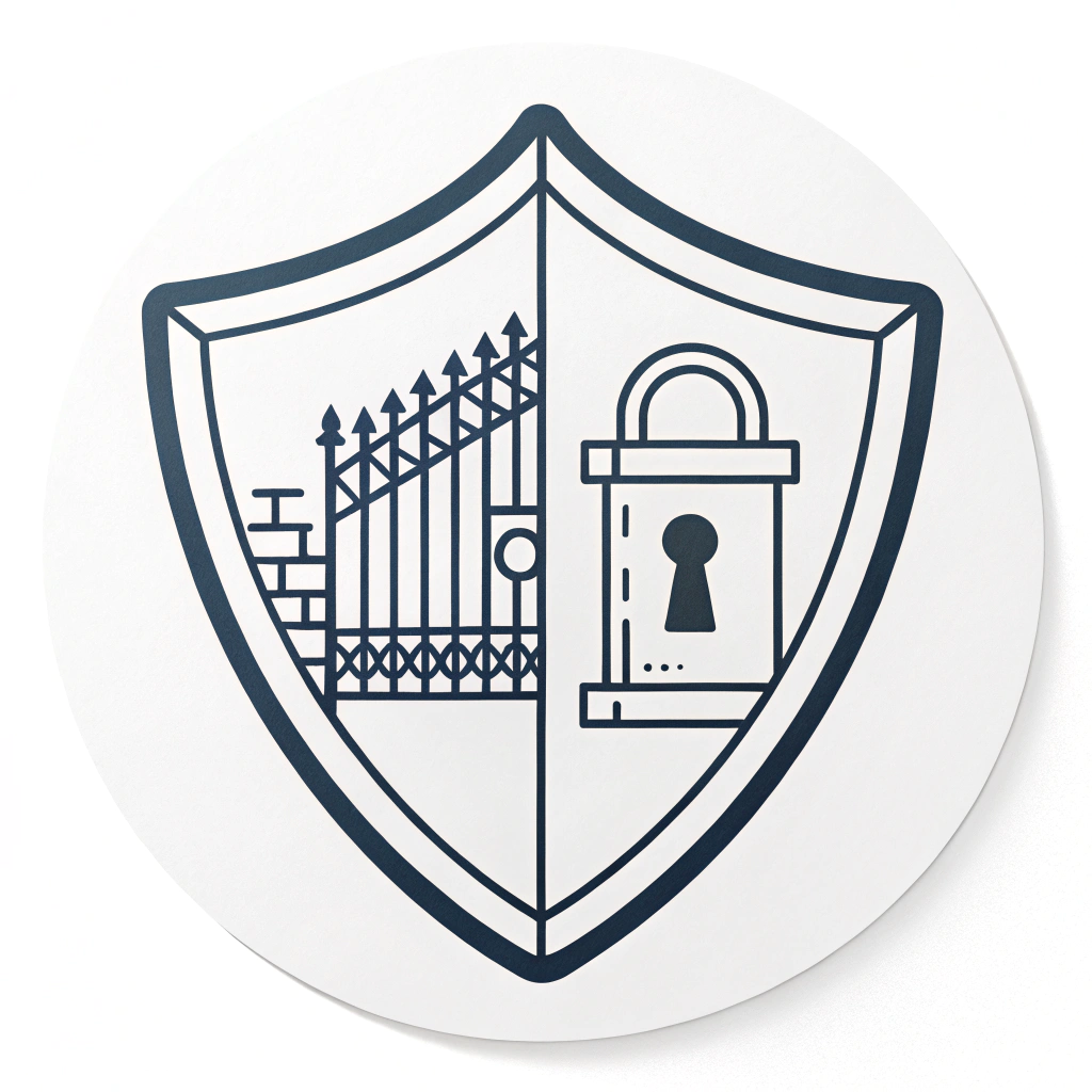 Simple Icon Idea: A minimalist icon showing a strong shield containing a simplified gate outline or a keyhole symbol, representing firewall protection and controlled access.