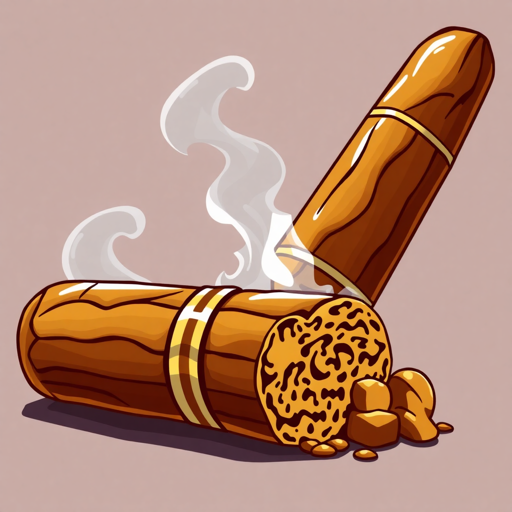 The image is an illustration of a cigar. The cigar is rolled up and placed on a beige background. It has a long, cylindrical shape with a pointed end and a flat base. The top of the cigar is covered in a pattern of small circles and lines, and there is a white smoke coming out of it. On the right side of the image, there are a few small pieces of the same cigar scattered around. The overall color scheme of the illustration is warm and earthy, with shades of brown, beige, and yellow.