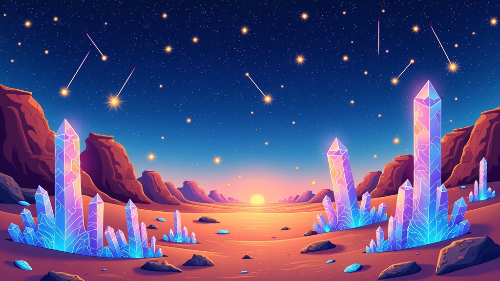 A desert landscape transformed by night into a shimmering crystal garden under a sky alight with celestial magic, where shooting stars leave trails of glowing dust that temporarily form new constellations.