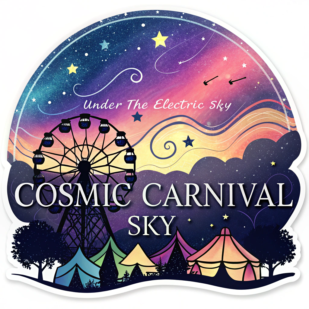 Cosmic Carnival Sky: A vibrant sticker depicting a stylized silhouetted carnival Ferris wheel and tents against a swirling, multi-colored 'electric' sky (deep blues, purples, glowing pinks, and electric yellows) filled with stars. The quote 'Under the Electric Sky' is elegantly woven into the sky using a flowing, luminous script font.