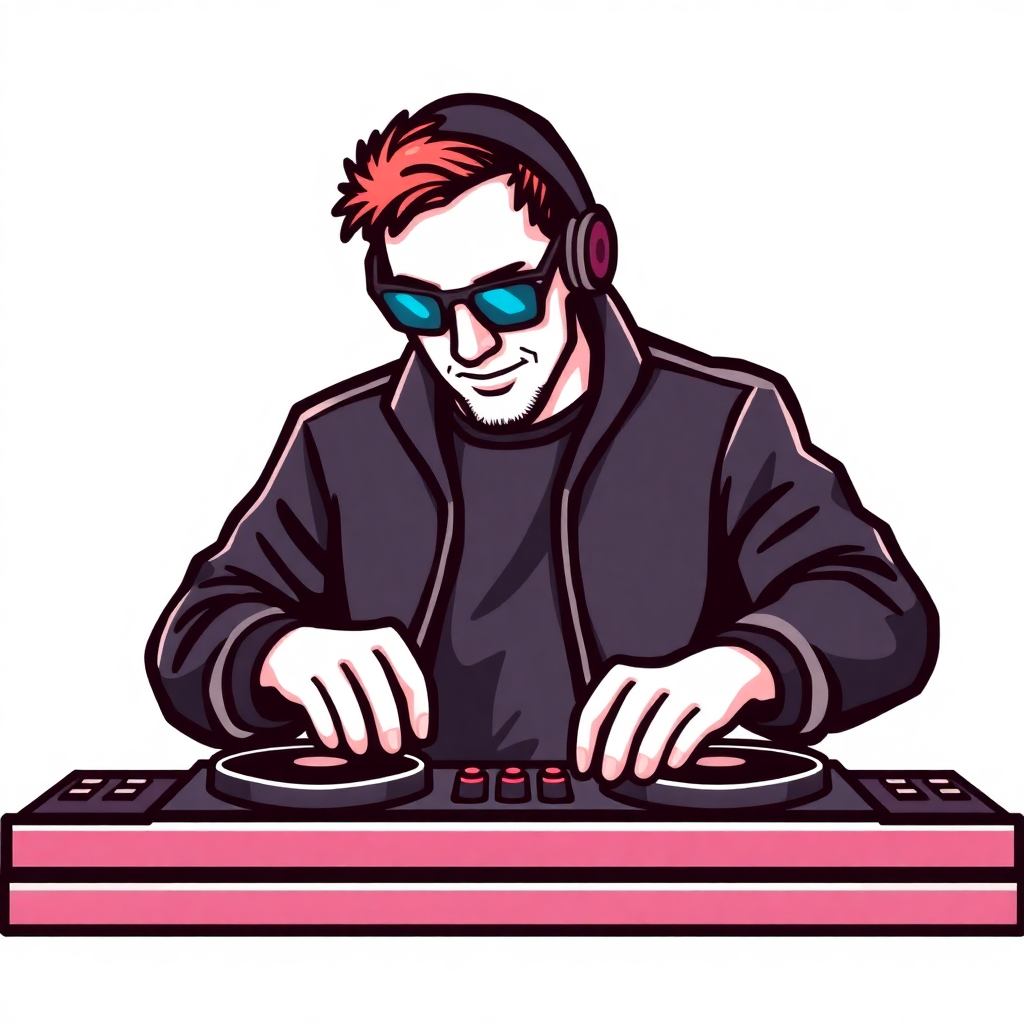 The image is an illustration of a DJ playing music on a turntable. The DJ is wearing a black jacket, sunglasses, and headphones. He has red hair and a beard and is smiling as he plays the music on the turntables. The background is white and the DJ is in the center of the image. The image is in a cartoon-like style with bright colors and bold lines.