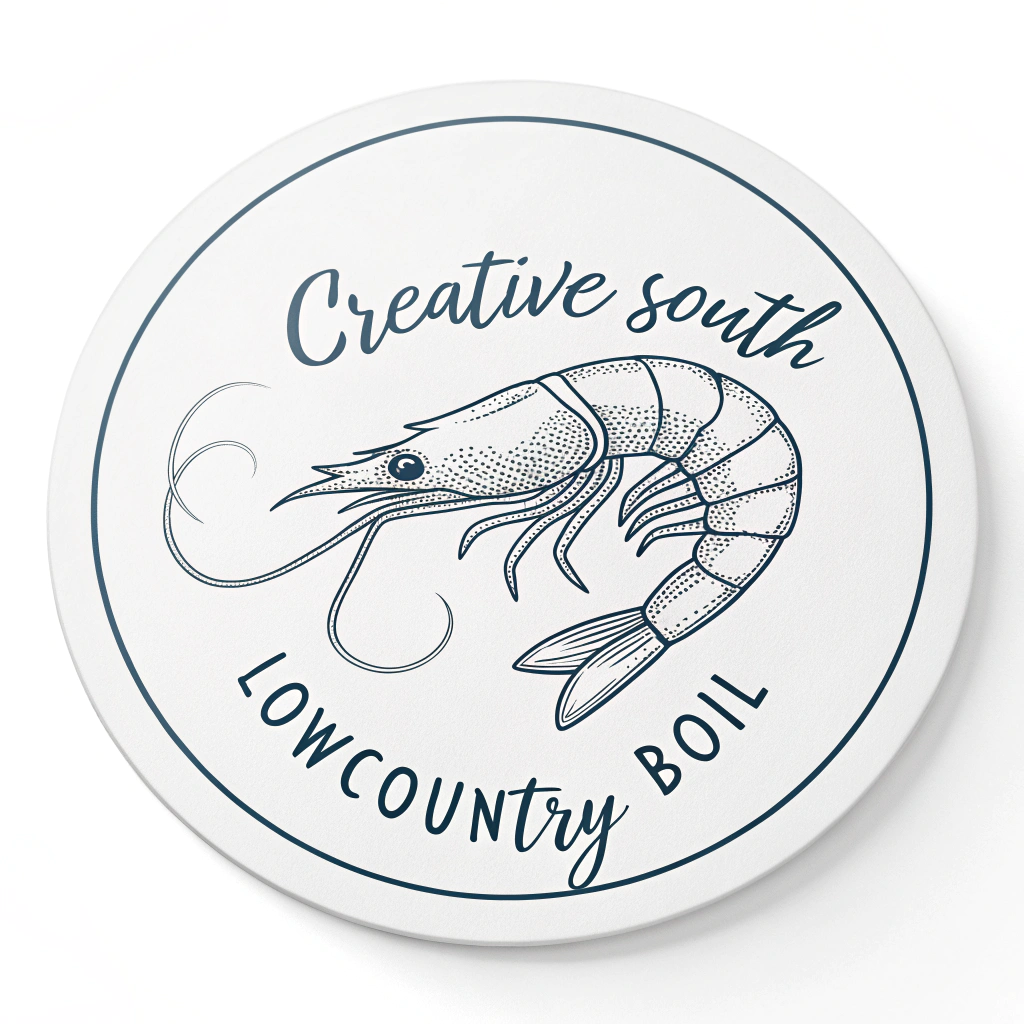 A minimalist sticker with the words 'Creative South Lowcountry Boil' arranged around a simple line drawing of a shrimp or crawfish.