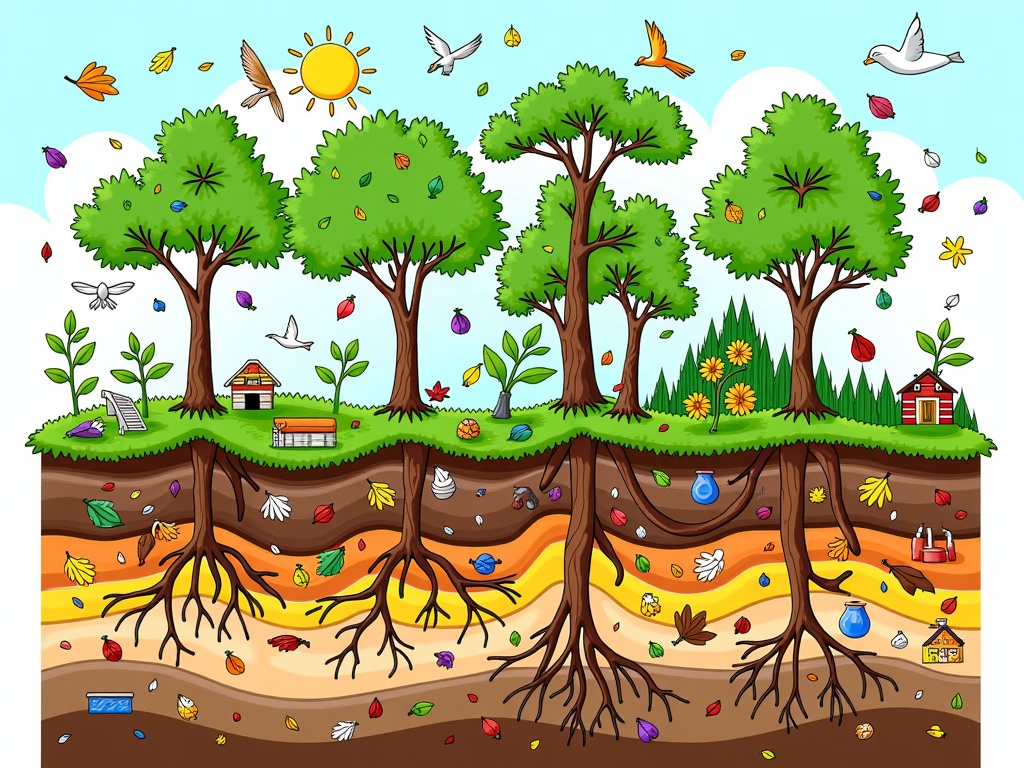 Ecosystem Layers Symbiosis: A cross-section illustration showing different layers of an ecosystem (e.g., forest floor, understory, canopy, sky, or marine depths to surface). Depict organisms in each layer and highlight the connections and nutrient flows between them (e.g., falling leaves enriching soil, birds dispersing seeds, mycelial networks connecting trees). Show how a disturbance in one layer (e.g., deforestation) affects the others.