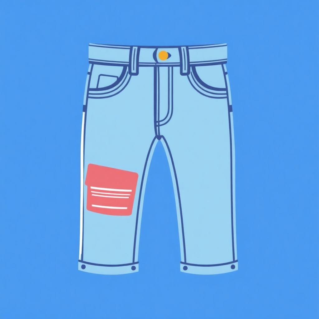 The image is an illustration of a pair of light blue jeans. The jeans have a straight leg fit and are slightly tapered at the ankles. There is a small red patch on the left side of the waistband with a yellow button. The background is a solid light blue color. The overall style of the illustration is simple and minimalistic.