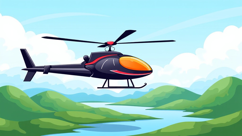 The image is a digital illustration of a helicopter flying over a mountainous landscape. The helicopter is black with a red and orange stripe on the side and a red propeller. It is flying in the sky with a blue sky and white clouds in the background. The mountains are covered in green grass and there is a body of water below. The water appears to be a river or a lake. The overall color scheme of the image is blue, green, and orange.