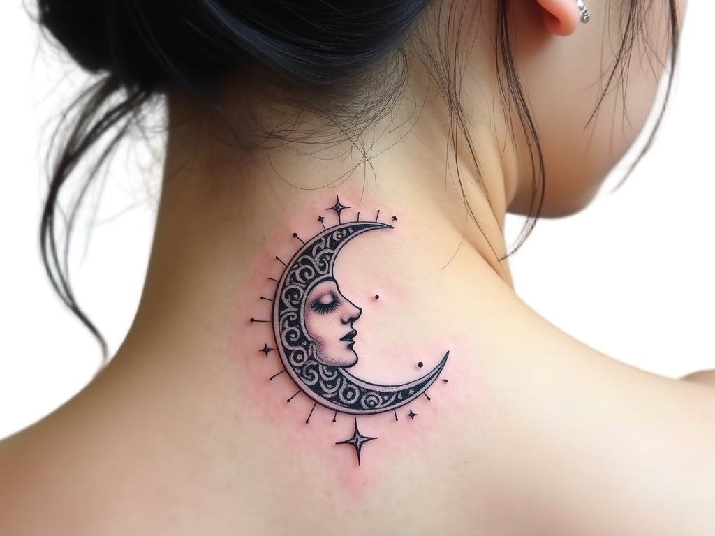 A whimsical moon tattoo on the nape of the neck, capturing its celestial nature in fine lines, suitable for anyone fascinated by the night sky and cosmic wonders.