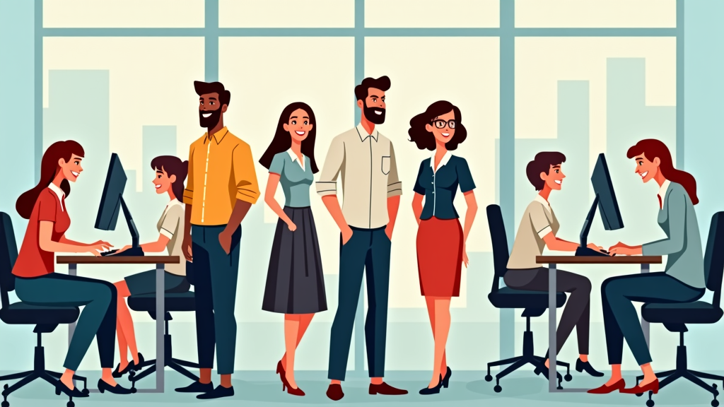 Focus on positive outcomes: Feature illustrations of happy, focused employees alongside bullet points highlighting benefits like reduced strain, increased productivity, and better well-being achieved through ergonomics. Headline: 'Good Ergonomics = Good Work'.