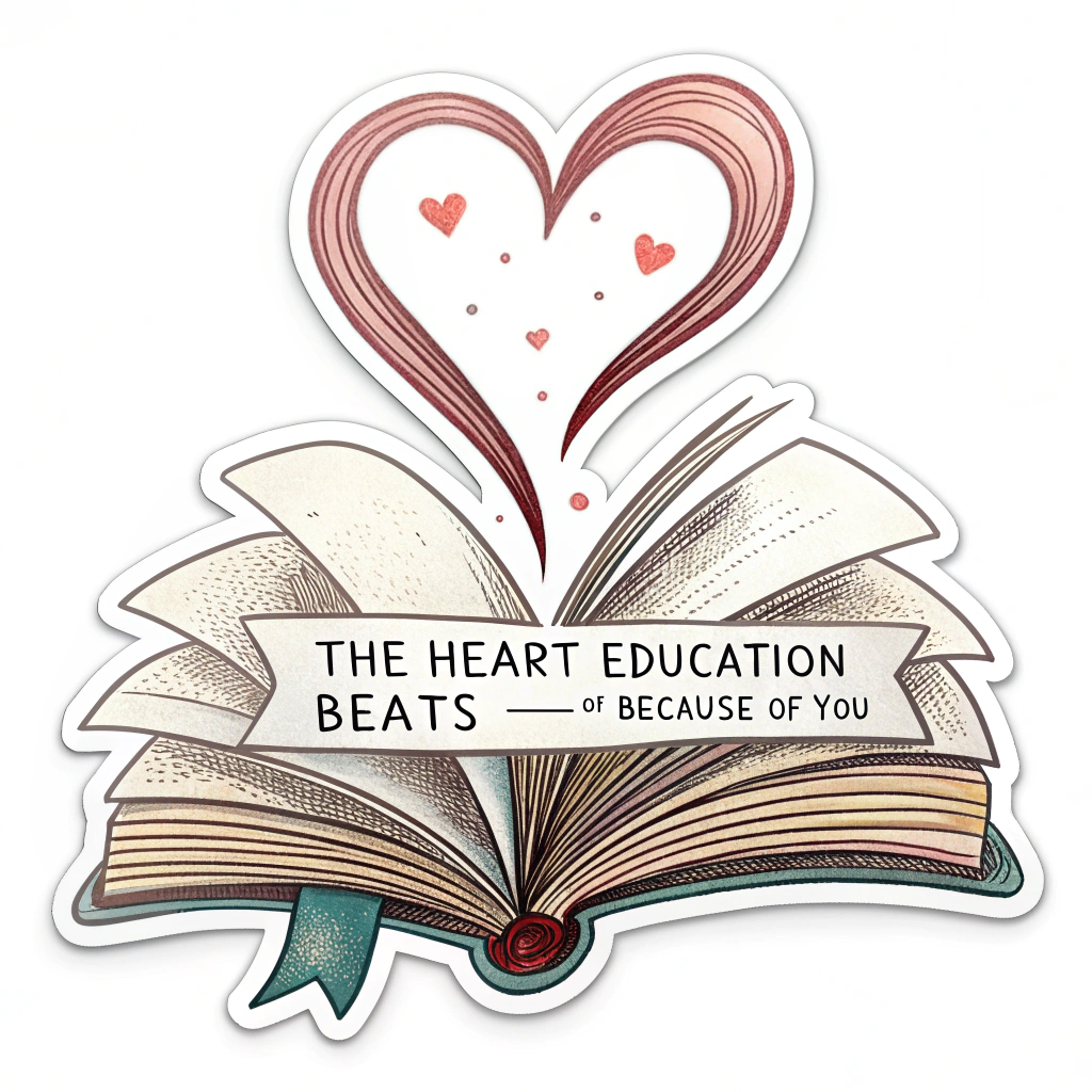 An illustration of an open book, where the pages curve upwards to form the top of a heart, or a heart symbol is centrally placed on the pages, glowing softly. The text 'The Heart of Education Beats Because of You' incorporated into the design, perhaps on the pages or as a banner.