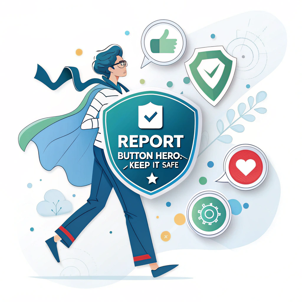 Translated text: Social Media Safety Sticker Designs - Report Button Hero: Keep It Safe