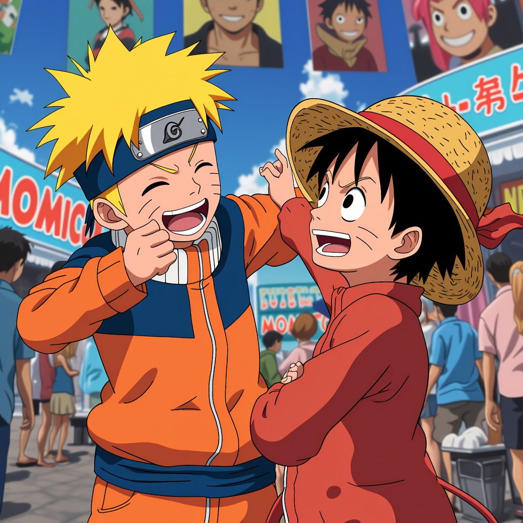 Dynamic Duo Swap: Illustrate pairs of iconic anime heroes cosplaying as each other (e.g., Naruto as Luffy, Luffy as Naruto) interacting at a stylized MomoCon booth.