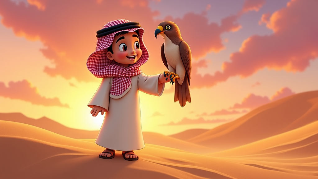 A young Qatari boy, dressed in traditional clothing, stands proudly with a falcon perched on his arm, set against a backdrop of the Qatari desert at sunset.