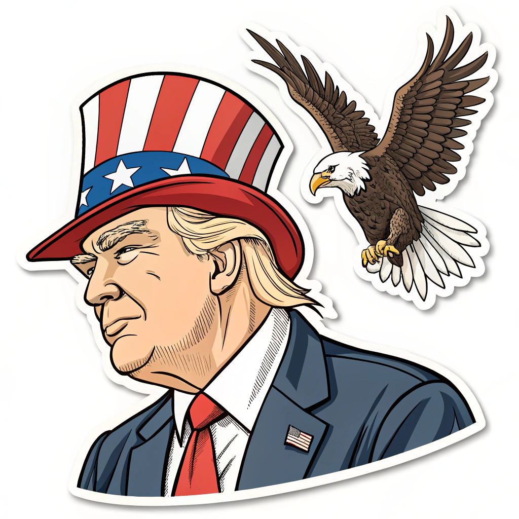 A stylized cartoon sticker of Trump wearing a stars and stripes hat, with a bald eagle flying in the background.