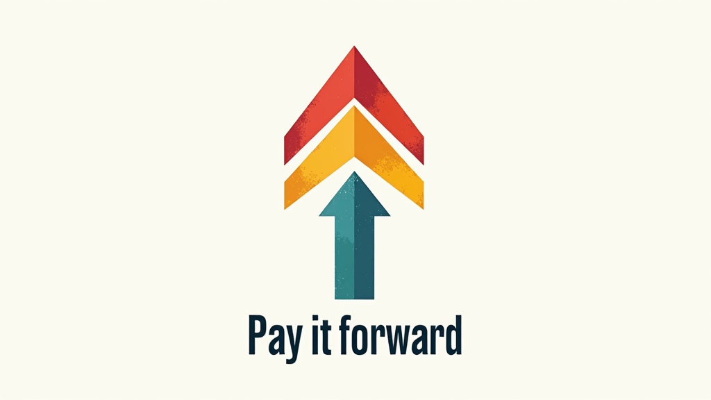 A stylized forward arrow incorporates a heart shape within its shaft or arrowhead, symbolizing kindness moving forward. Text below reads 'Pay It Forward'.