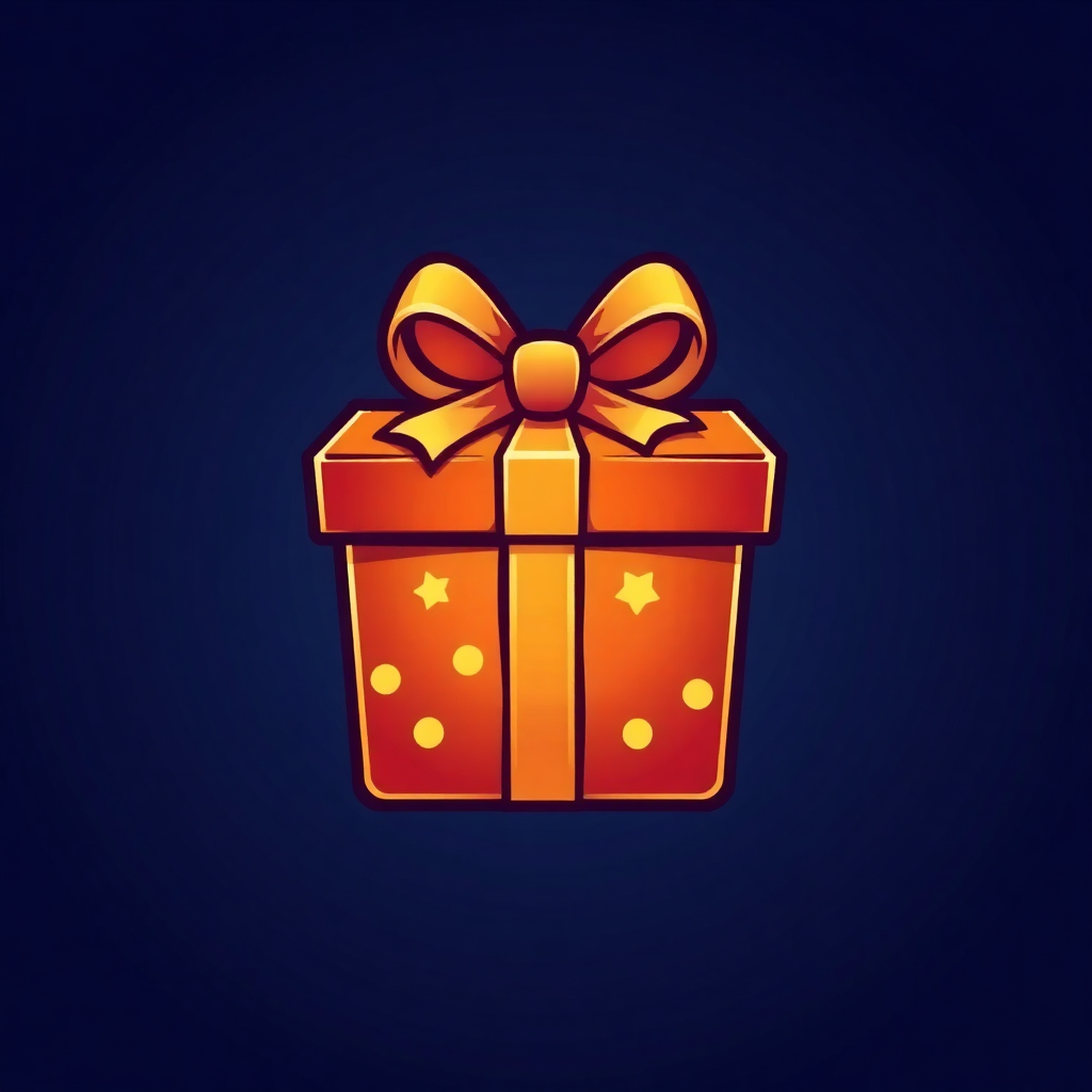 The image is a digital illustration of a gift box. The box is rectangular in shape and has a bright orange color with small white polka dots on it. It is tied with a large orange ribbon that is tied in a bow at the top. The background is dark blue, making the orange color of the box stand out. The overall design is simple and minimalistic.