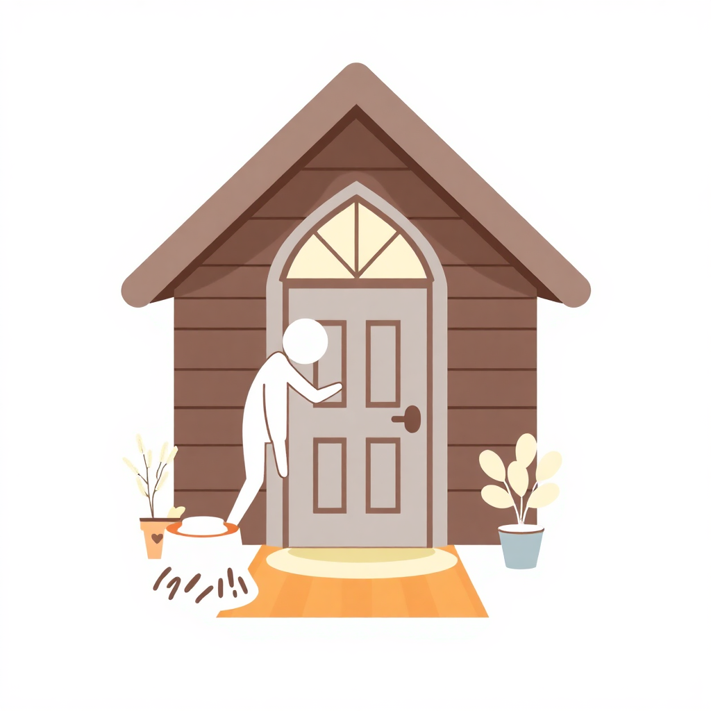 The image is an illustration of a small wooden house with a sloping roof and a large arched window on the front door. The house is brown in color and has a small porch with two potted plants on either side. A person is standing in front of the door, holding a bucket and appears to be opening it. The floor is made of orange tiles and there is a doormat at the bottom of the image. The overall style of the illustration is simple and cartoon-like.