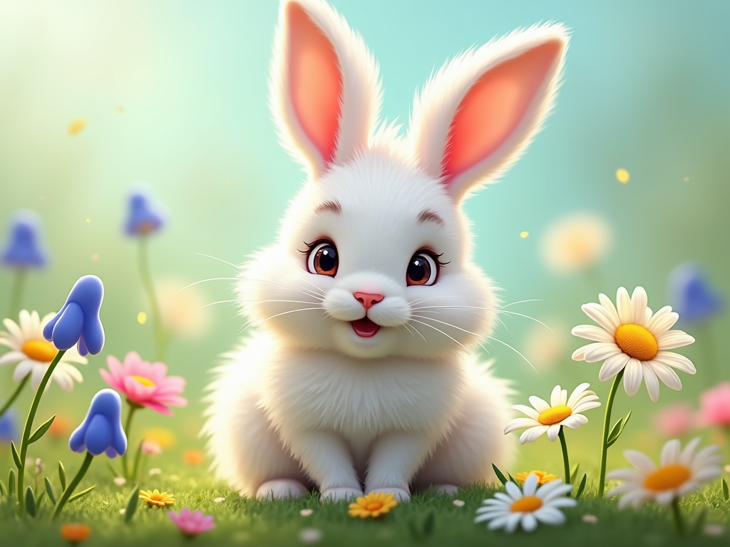 The image is a digital illustration of a cute white bunny sitting in a field of colorful flowers. The bunny has big pink ears and is looking directly at the camera with a big smile on its face. It is sitting on a patch of green grass with daisies and other wildflowers scattered around it. The background is a light blue sky with white clouds. The overall mood of the image is cheerful and playful.