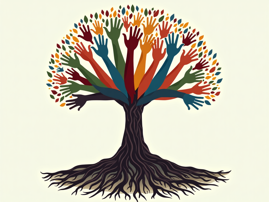 Sub-design 5: A Tree of Life whose canopy is made of hands of different colors reaching upwards, and roots formed by hands reaching downwards into the soil, symbolizing collective responsibility and grounding.