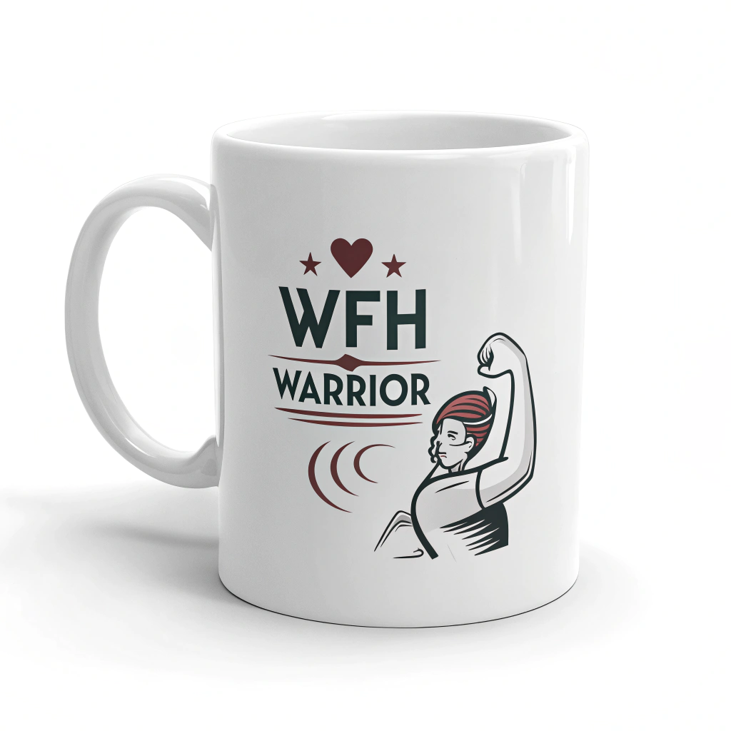 A coffee mug with the words 'WFH Warrior' and a flexing arm icon.