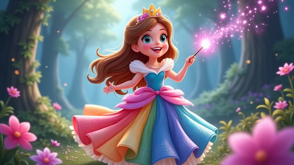 A cute princess with large, sparkling eyes, wearing a flowing gown made of rainbow hues, holding a magic wand that emits a trail of shimmering colors.