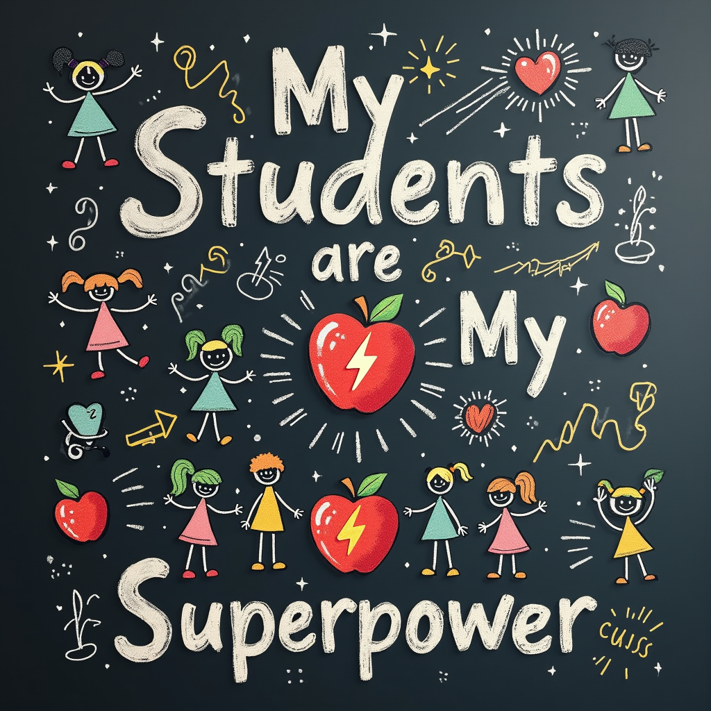 Chalkboard Art Theme: The phrase 'My Students are My Superpower' designed in a charming, hand-drawn chalk font on a dark background resembling a chalkboard. Surround the text with whimsical, chalk-style drawings of students (perhaps as stick figures with unique characteristics) and symbols of learning like apples, books, and lightbulbs, all seemingly 'powering up' a central teacher icon (e.g., an apple with a lightning bolt).