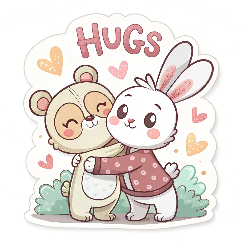 A sticker featuring two cartoon characters, perhaps bears or bunnies, in a warm embrace, with the word 'Hugs' above them in a bubbly, friendly font.