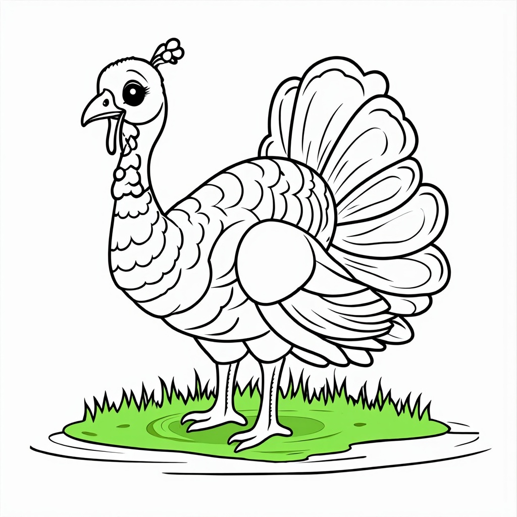 Outlined drawing of a turkey, complete with detailed feather patterns and a wattle.