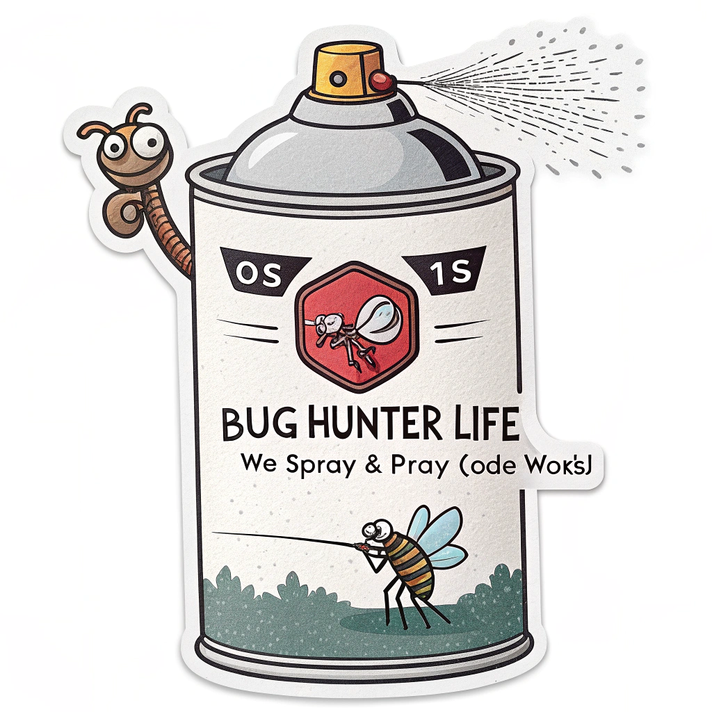 Code Exterminator: A sticker depicting a classic exterminator spray can, but instead of chemicals, it's spraying '0s' and '1s' or a 'patch' icon onto a fleeing cartoon bug. Text: 'Bug Hunter Life - We Spray & Pray (Code Works)'.