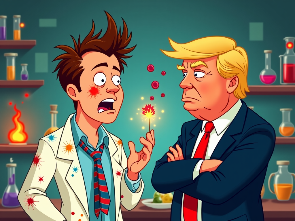 Elon Musk as a cartoon mad scientist, presenting a quirky invention to Donald Trump, who is initially skeptical, shown with a raised eyebrow and folded arms.