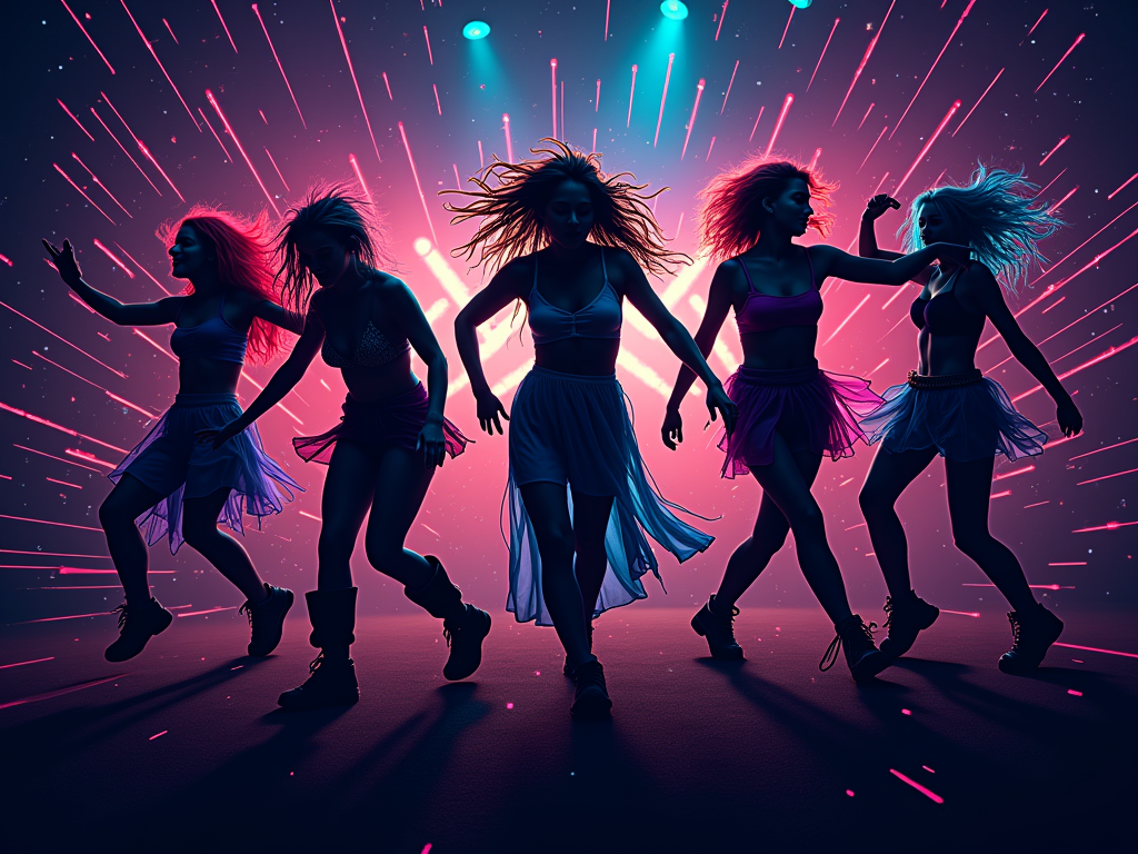 Sub Design 1: Dynamic raver silhouettes captured mid-dance, illuminated by abstract neon lines representing musical rhythm, against a dark, festival-night background.
