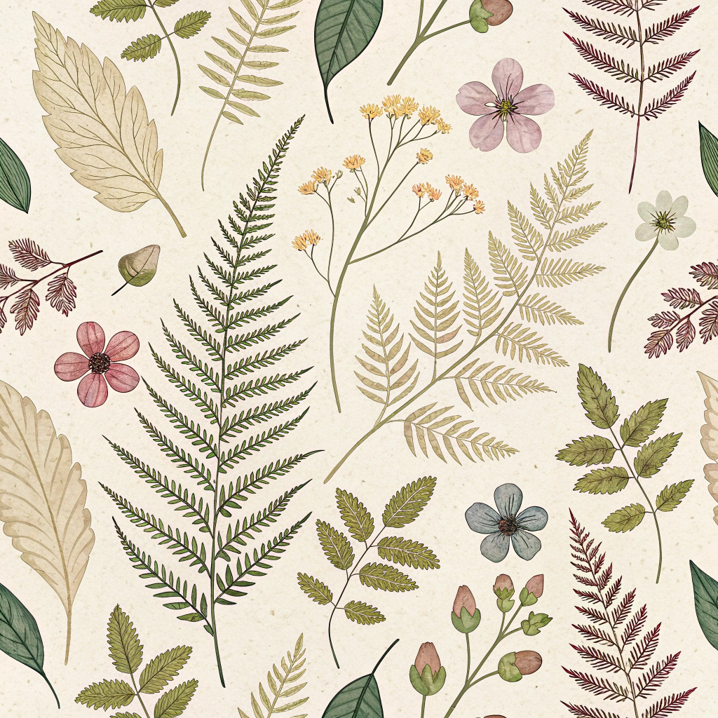 Botanical Eco-Prints: Patterns created by directly pressing leaves, flowers, and bark onto fabric, using their inherent tannins and pigments, possibly enhanced with a mordant, to create unique, organic imprints. Colors would be subtle earth tones, greens, and muted floral hues.