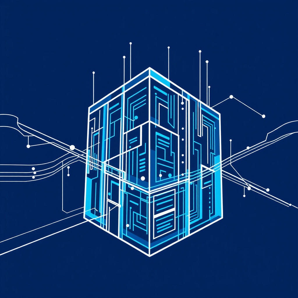 Code-Blueprint Fusion: Blueprint lines subtly integrate or morph into stylized visuals of code or data streams, which then form the structural elements of an abstract, futuristic building or network. Color palette emphasizes blues and whites with selective bright accents.