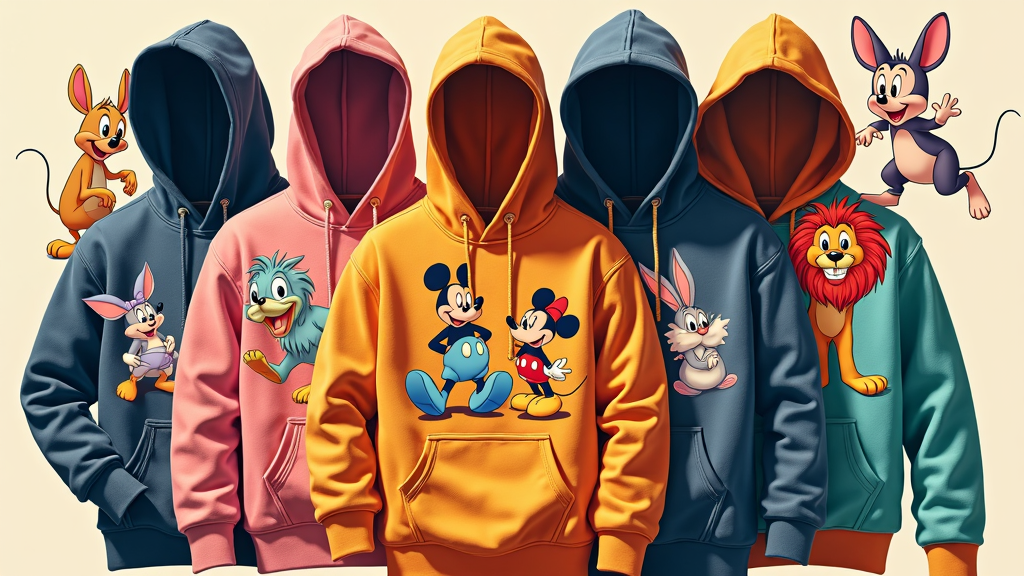 A collage of cartoon hoodies featuring a mix of iconic retro characters in colorful designs.