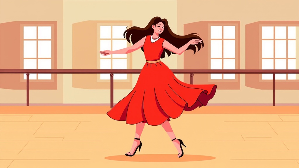  a young woman in a red dress dancing in a large room with large windows. She is in the middle of a dance move, with her arms stretched out to the sides and her legs bent at the knees. Her long dark hair is flowing in the wind and she is wearing black high heels. The room has a tiled floor and a railing in the background. The woman appears to be in a graceful and elegant pose.