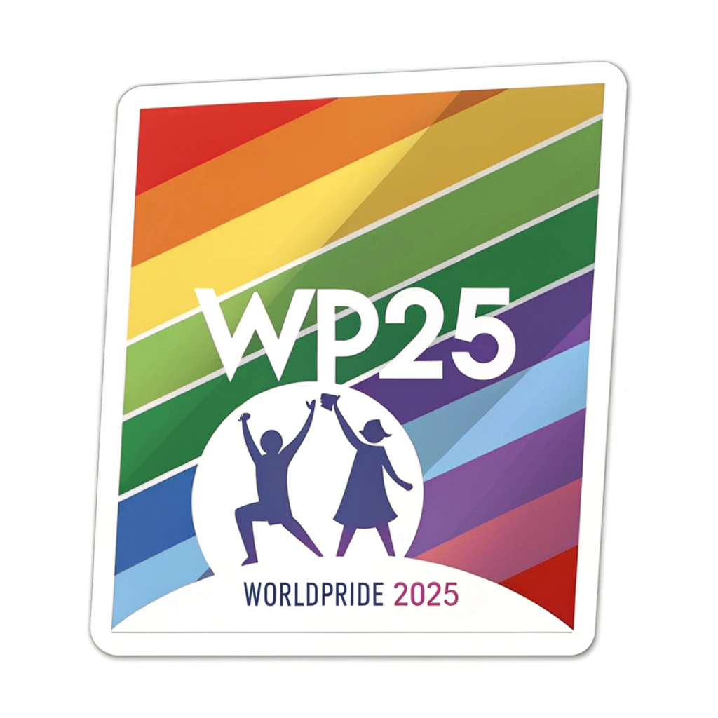 Simplified Emblem: A minimalist sticker with the WorldPride 2025 logo reimagined using bold Progress Pride color blocks and a clean 'WP25' or '2025' typographic element, designed for high impact and clarity.