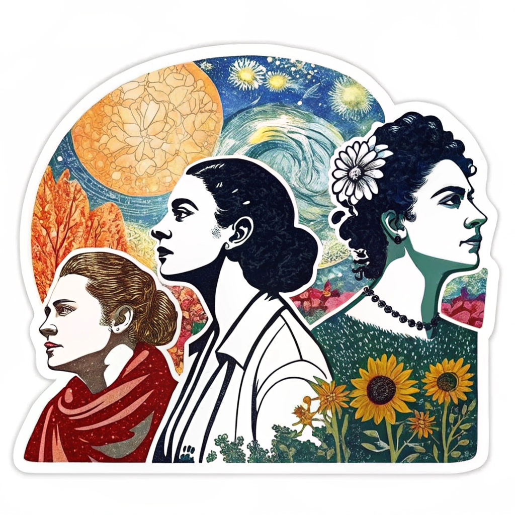 A design incorporating silhouettes of famous female artists and cultural figures against a vibrant, textured background inspired by various art movements.