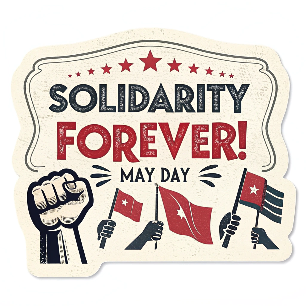 Vintage Protest Poster Style: A sticker reminiscent of classic activist posters, using bold, distressed fonts and limited color palettes (e.g., red, black, cream). Feature one of the slogans, 'Solidarity Forever!' or 'Fight for Rights!', with 'May Day' as a key identifier.