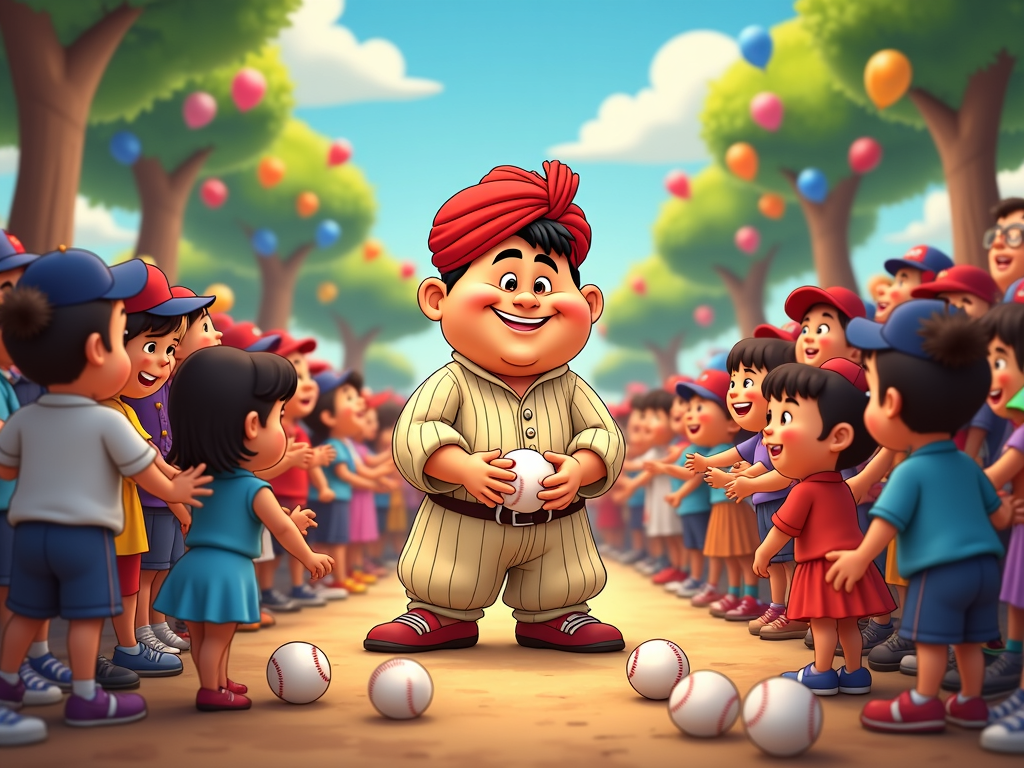 A caricature of Babe Ruth in a simplified sultan's costume, happily signing baseballs for a diverse crowd of adoring cartoon fans (kids, adults, anthropomorphic baseballs), exhibiting a majestic yet approachable and slightly goofy demeanor.