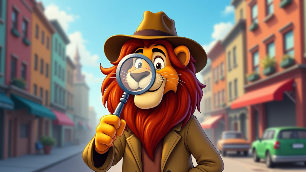 A lion wearing a trench coat and fedora, holding a magnifying glass, with a cityscape in the background.