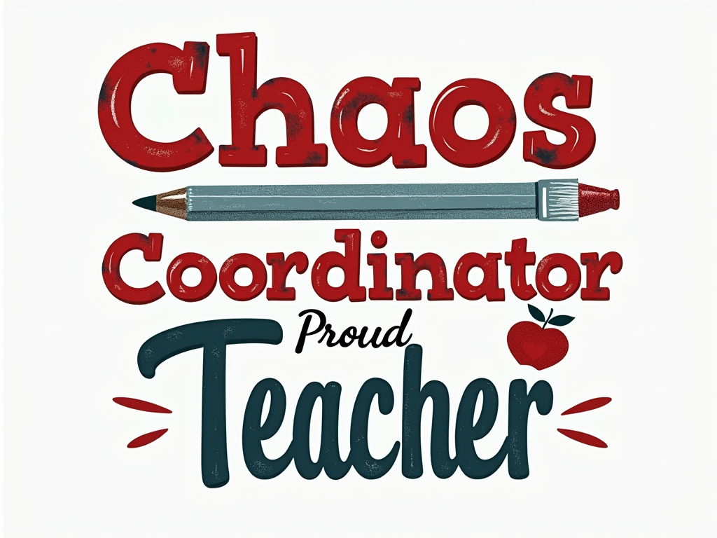 Two-part typography design: 'Chaos' in a large, slightly jumbled or playful font, with 'Coordinator' in a smaller, cleaner font directly underneath. Paired with 'Proud' in a strong, elegant font, with 'Teacher' in a complementary smaller font below. A simple graphic element like a stylized apple or pencil could subtly link the phrases.
